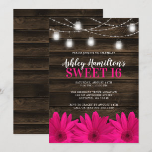 Rustic Pink Daisy Mason Jar Lights Sweet 16 Invitation