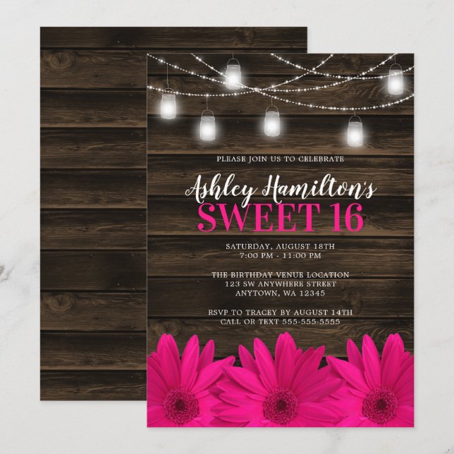 Rustic Pink Daisy Mason Jar Lights Sweet 16 Invitation (Front/Back)