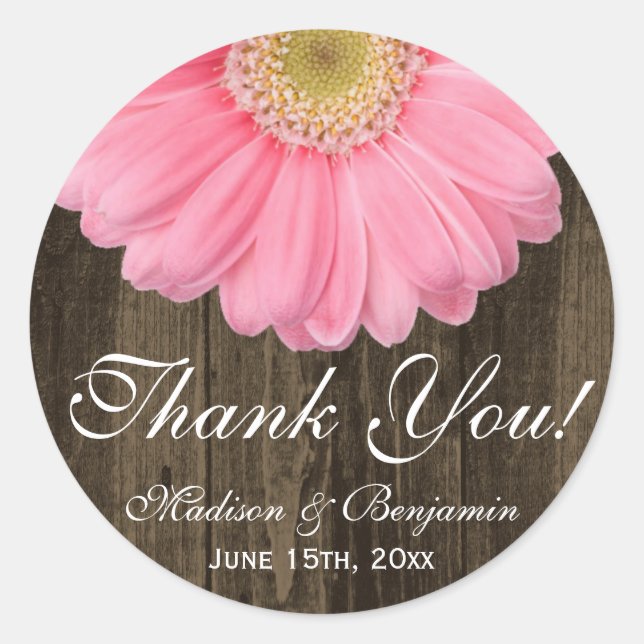 Rustic Pink Daisy Wedding Thank You Sticker (Front)