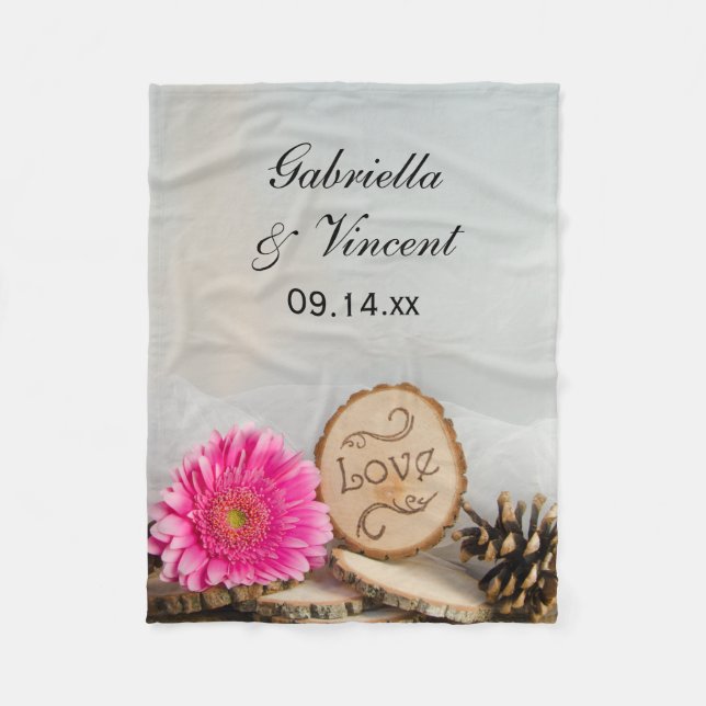 Rustic Pink Daisy Woodland Wedding Fleece Blanket (Front)