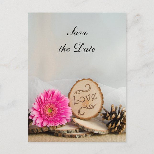 Rustic Pink Daisy Woodland Wedding Save the Date Announcement Postcard (Front)