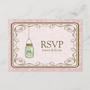 Rustic Pink Damask with Mason Jar RSVP Card