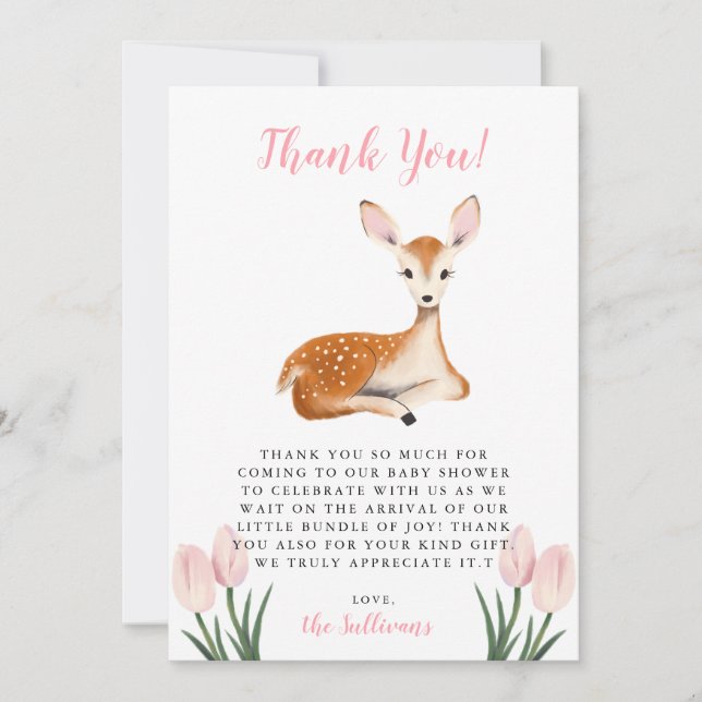 Rustic Pink Deer Baby Shower Thank You Card (Front)