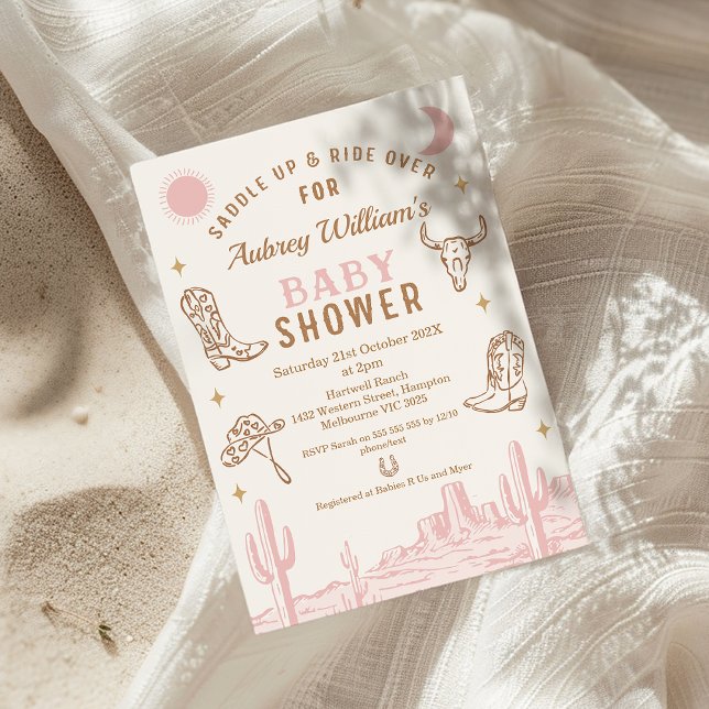 Rustic Pink Desert Girls Cowgirl Baby Shower  Invitation (Girls Cowgirl Baby Shower Invitation, Western Wild West, Southern Country, Rodeo Baby Shower Invite)