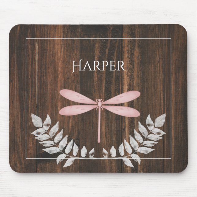 Rustic Pink Dragonfly Personalised Mouse Pad (Front)