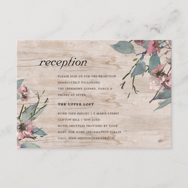 Rustic Pink Eucalyptus Floral Wedding Reception Enclosure Card (Front)