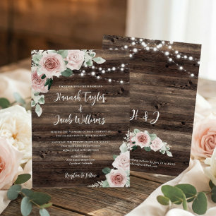 Rustic Pink Eucalyptus Wood String Lights Wedding Invitation
