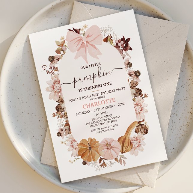 Rustic Pink Fall Little Pumpkin 1st Birthday Invitation (Pink Bow Pumpkin 1st Birthday Invitation Template, Fall First Birthday Invitation Girl, Autumn )