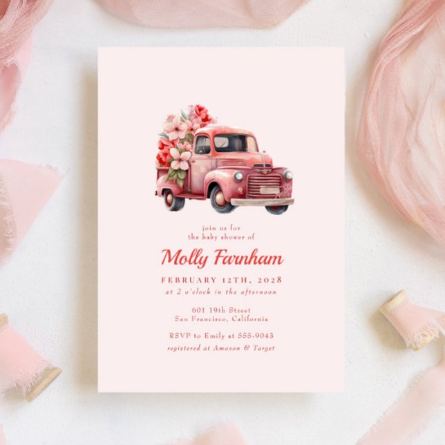 Rustic Pink Farm Truck Floral Girl Baby Shower Invitation (Creator Uploaded)
