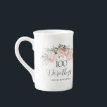 Rustic Pink Floral 100th Birthday Party Bone China Mug<br><div class="desc">Soft blush pink roses and bright pink buds create a beautifully rustic floral wreath. White hydrangeas at to the floral bloom. The birthday woman's name is written in a large script font. 100th Birthday and the thank you sentiment follow. This china mug is part of the 100th Birthday Pink Rose...</div>