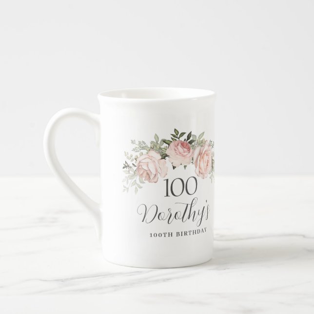Rustic Pink Floral 100th Birthday Party Bone China Mug (Left)