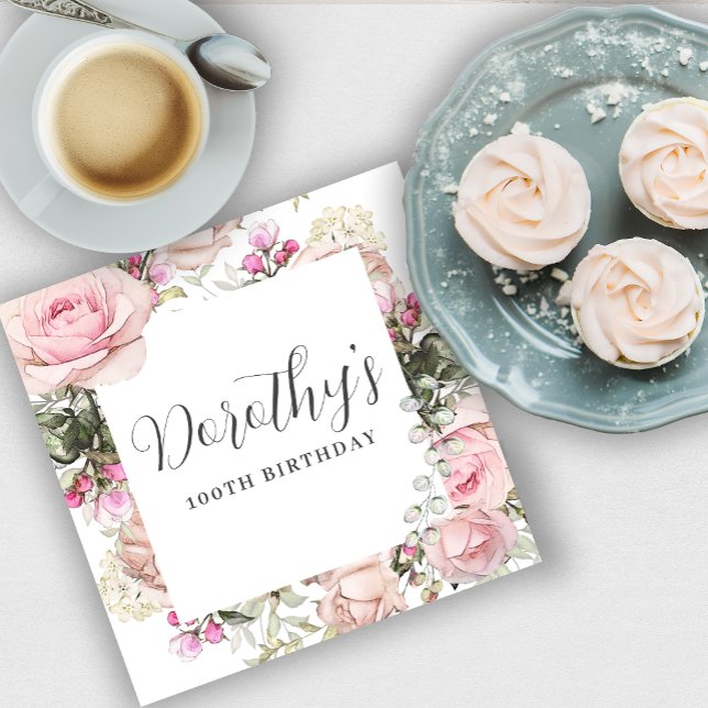 Rustic Pink Floral 100th Birthday Party Custom Napkin (Creator Uploaded)