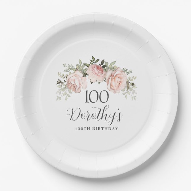Rustic Pink Floral 100th Birthday Party Custom Paper Plate (Front)