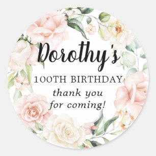 Rustic Pink Floral 100th Birthday Thank You Classic Round Sticker