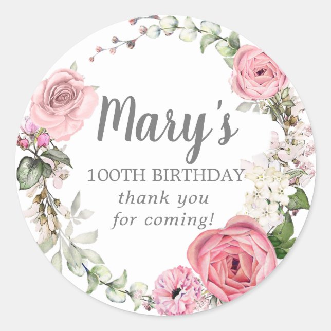 Rustic Pink Floral 100th Birthday Thank You Classic Round Sticker (Front)