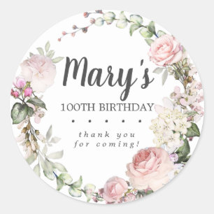 Rustic Pink Floral 100th Birthday Thank You Classic Round Sticker