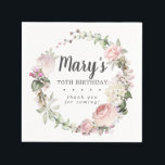 Rustic Pink Floral 70th Birthday Party Napkin<br><div class="desc">Soft blush pink roses and bright pink buds create a beautifully rustic floral wreath. White hydrangeas at to the floral bloom. The birthday woman's name is written in a large script font. 70th Birthday and the thank you sentiment follow. This birthday napkin is part of the 70th Birthday Pink Rose...</div>
