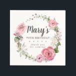 Rustic Pink Floral 70th Birthday Party Napkins<br><div class="desc">Soft blush pink roses and peonies along with bright pink buds create a beautifully rustic floral wreath. White hydrangeas at to the floral bloom. The birthday woman's name is written in a large script font. 70th Birthday and the thank you sentiment follow. This birthday napkin is part of the 70th...</div>