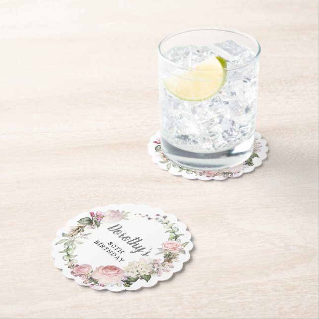 Rustic Pink Floral 80th Birthday Paper Coaster (Insitu)