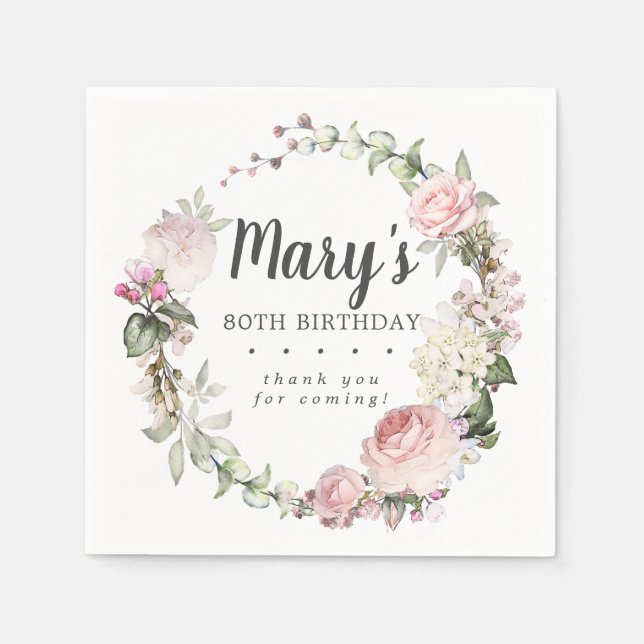 Rustic Pink Floral 80th Birthday Party Napkin (Front)