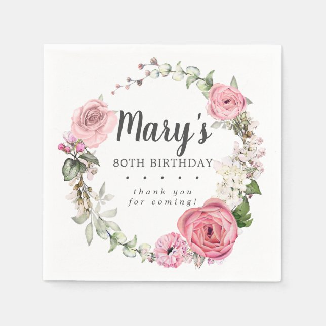 Rustic Pink Floral 80th Birthday Party Napkin (Front)