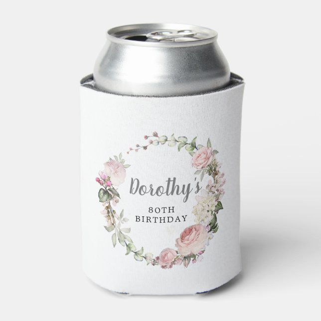 Rustic Pink Floral 80th Birthday Thank You Can Cooler (Can Front)