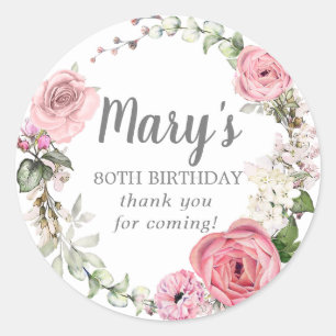 Rustic Pink Floral 80th Birthday Thank You Classic Round Sticker