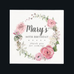 Rustic Pink Floral 90th Birthday Party Napkins<br><div class="desc">Soft blush pink roses and bright pink buds create a beautifully rustic floral wreath. White hydrangeas at to the floral bloom. The birthday woman's name is written in a large script font. 90th Birthday and the thank you sentiment follow. This birthday napkin is part of the 90th Birthday Pink Rose...</div>