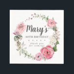 Rustic Pink Floral 90th Birthday Party Napkins<br><div class="desc">Soft blush pink roses and bright pink buds create a beautifully rustic floral wreath. White hydrangeas at to the floral bloom. The birthday woman's name is written in a large script font. 90th Birthday and the thank you sentiment follow. This birthday napkin is part of the 90th Birthday Pink Rose...</div>