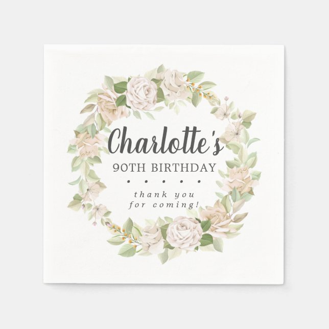 Rustic Pink Floral 90th Birthday Party Napkins (Front)