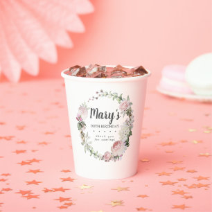 Rustic Pink Floral 90th Birthday Party Paper Cups