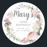 Rustic Pink Floral 90th Birthday Thank You Classic Round Sticker<br><div class="desc">Soft blush pink roses and bright pink buds create a beautifully rustic floral wreath. White hydrangeas at to the floral bloom. The birthday woman's name is written in a large script font. 90th Birthday and the thank you sentiment follow. This birthday sticker is part of the 90th Birthday Pink Rose...</div>