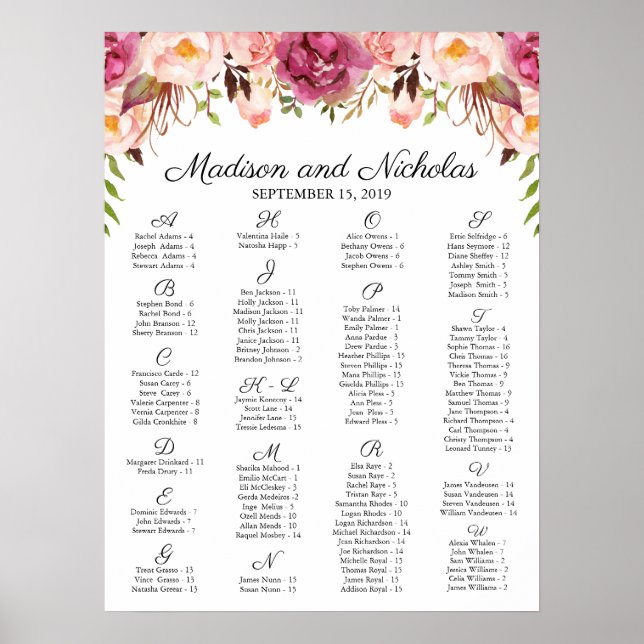 Rustic Pink Floral Alphabetical Seating Chart (Front)