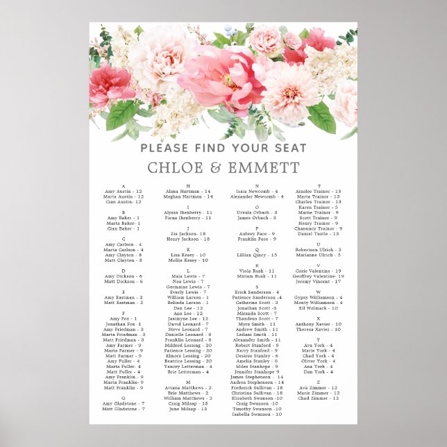 Rustic Pink Floral Alphabetical Seating Chart (Front)