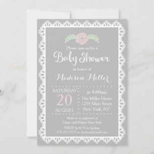 Rustic Pink Floral and White Lace Baby Shower Invitation
