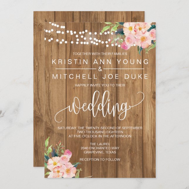 Rustic Pink Floral and Wood Wedding Invitation (Front/Back)