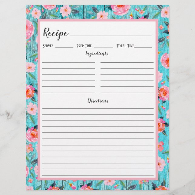 Rustic Pink Floral Aqua Wood Recipe Binder Page (Front)