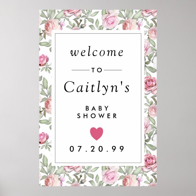Rustic Pink Floral Baby Shower Welcome Sign (Front)