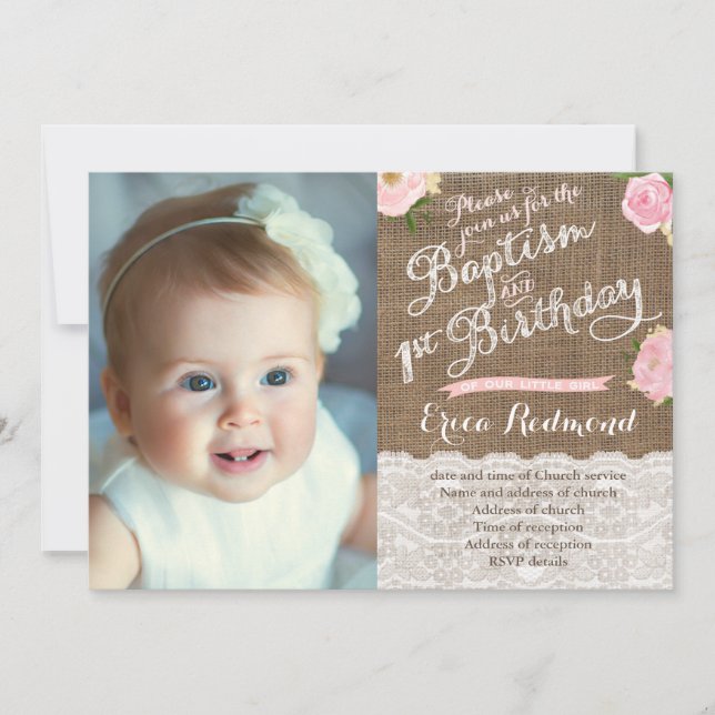 Rustic Pink Floral Baptism 1st Birthday Party Invitation (Front)