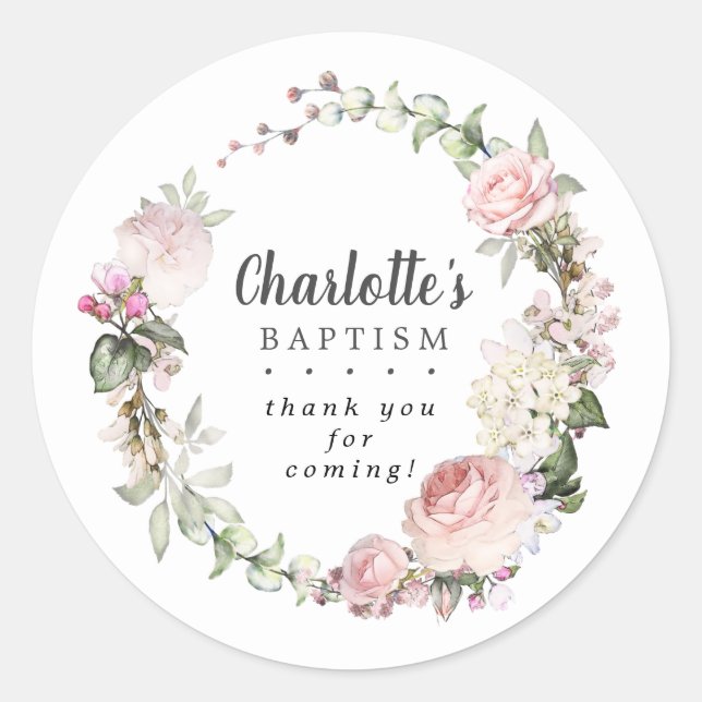 Rustic Pink Floral BaptismThank You Classic Round Sticker (Front)
