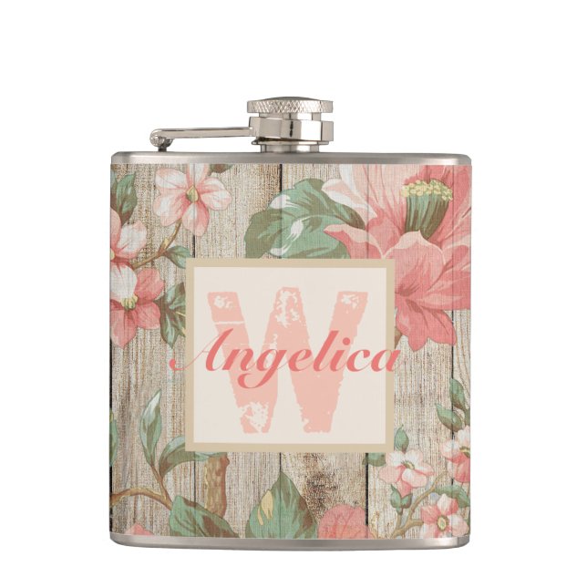 Rustic Pink Floral Barn Wood Monogram Hip Flask (Front)