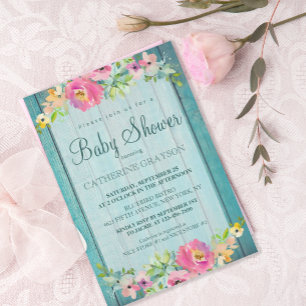 Rustic Pink Floral Blue Wood Baby Shower Invitation