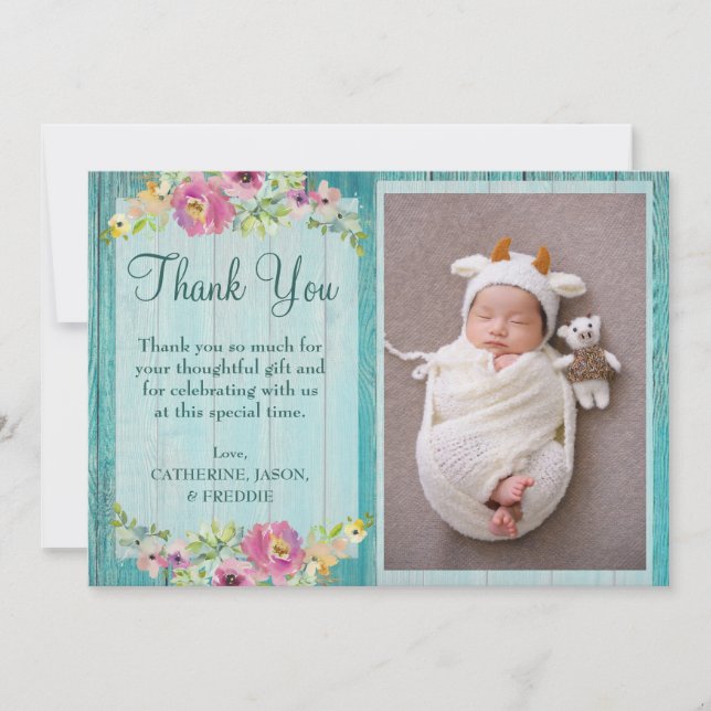 Rustic Pink Floral Blue Wood Baby Shower Thank You (Front)