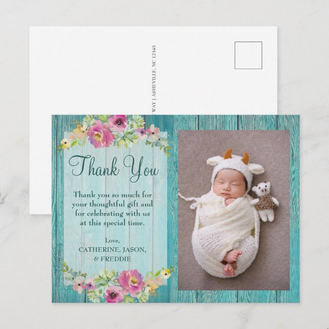 Rustic Pink Floral Blue Wood Baby Shower Thank You Postcard (Front/Back)