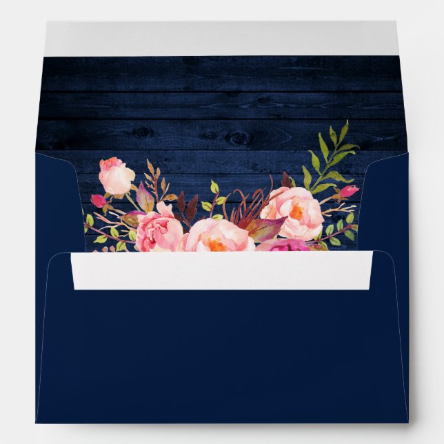 Rustic Pink Floral Blue Wood Invitation Envelope (Back (Bottom))