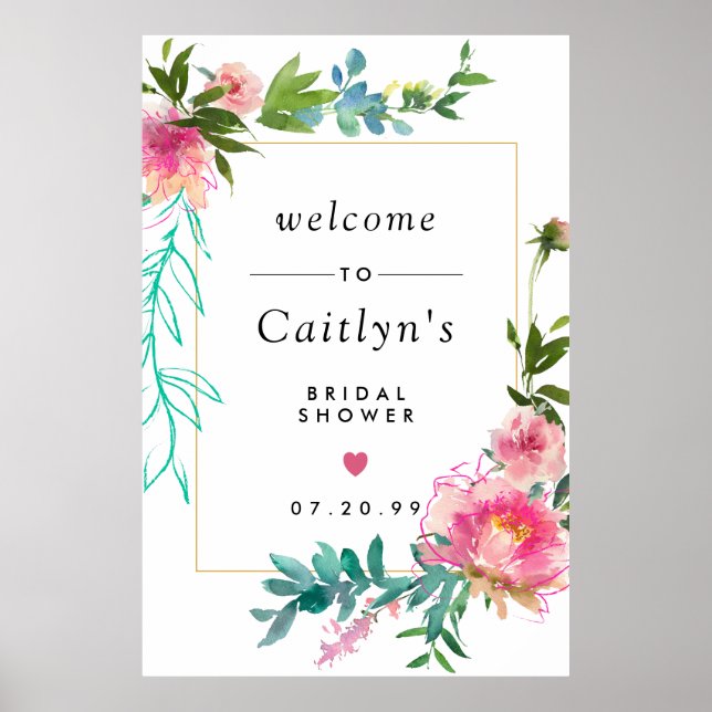 Rustic Pink Floral Boho Bridal Shower Welcome Sign (Front)