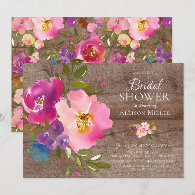 Rustic Pink Floral Bridal Shower Invitations (Front/Back)