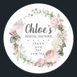 Rustic Pink Floral Bridal Shower Thank You Classic Round Sticker<br><div class="desc">Soft blush pink roses and bright pink buds create a beautifully rustic floral wreath. White hydrangeas at to the floral bloom. The bride's name is written in a large script font. Bridal Shower and the thank you sentiment follow. This bridal shower sticker is part of the Summer Romance collection. It...</div>