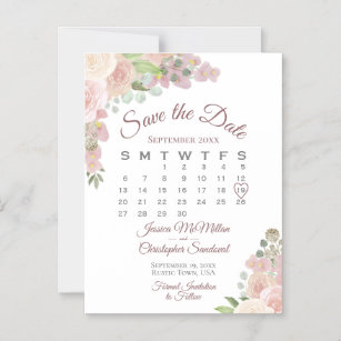 Rustic Pink Floral Calendar Wedding Save the Date Magnetic Invitation
