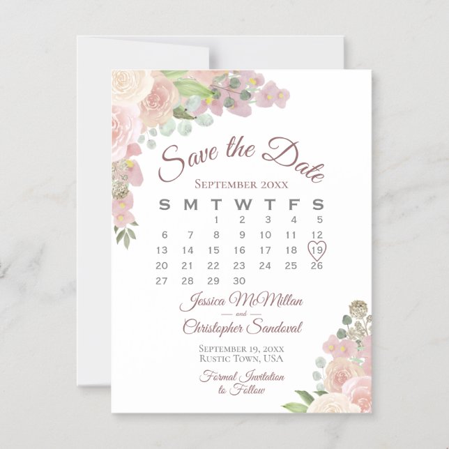 Rustic Pink Floral Calendar Wedding Save the Date Magnetic Invitation (Front)
